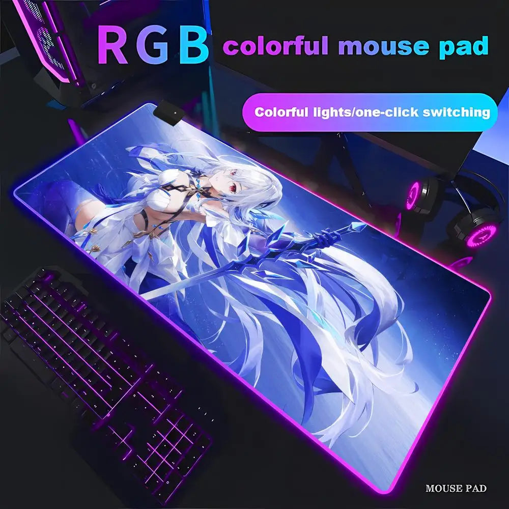 Genshin Skirk Mouse Pad Animation Games Beautiful RGB Gaming Mouse Pad HD Gamer Large LED Light PC Computer Pad Non-Slip Decor