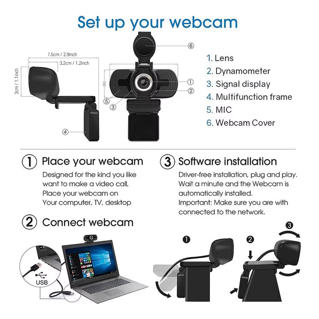 1080P Full HD Web Camera Manual Focus Computer Camera with Universal Clips Fits Laptops Desktops Monitors Webcam with Microphone