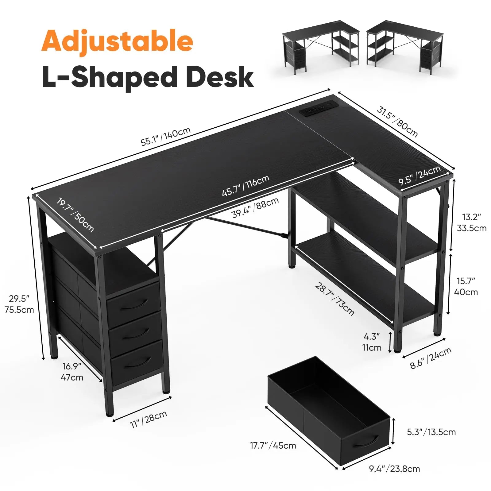 L Shaped Desk with Shelf Drawers 55 Inch Corner Computer Desks Gaming with Power Outlet Adjustable Shelves Home Office Table