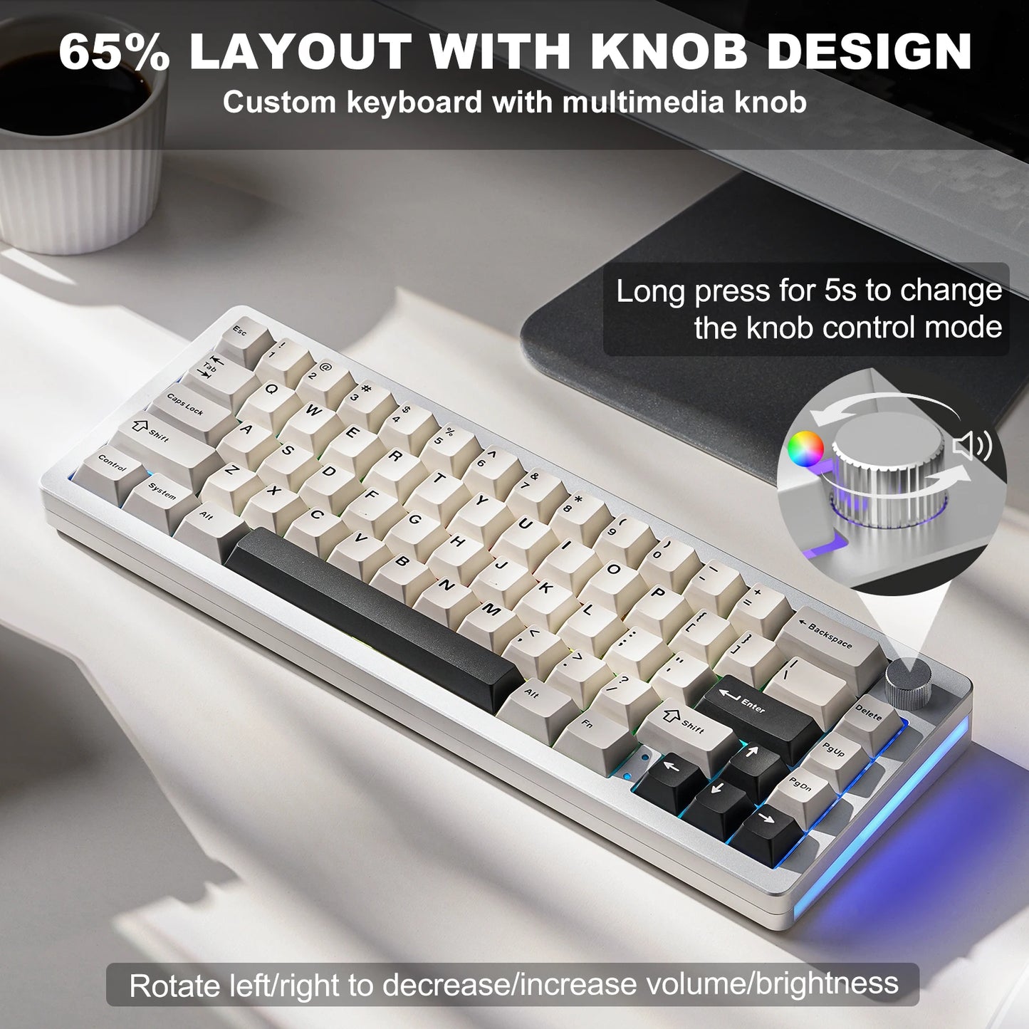 AL66 Wireless Mechanical Keyboard, CNC Aluminum 65% Knob Keyboards, Hot Swappable Pre-Lubed Switch, Customrgb for Win/Mac