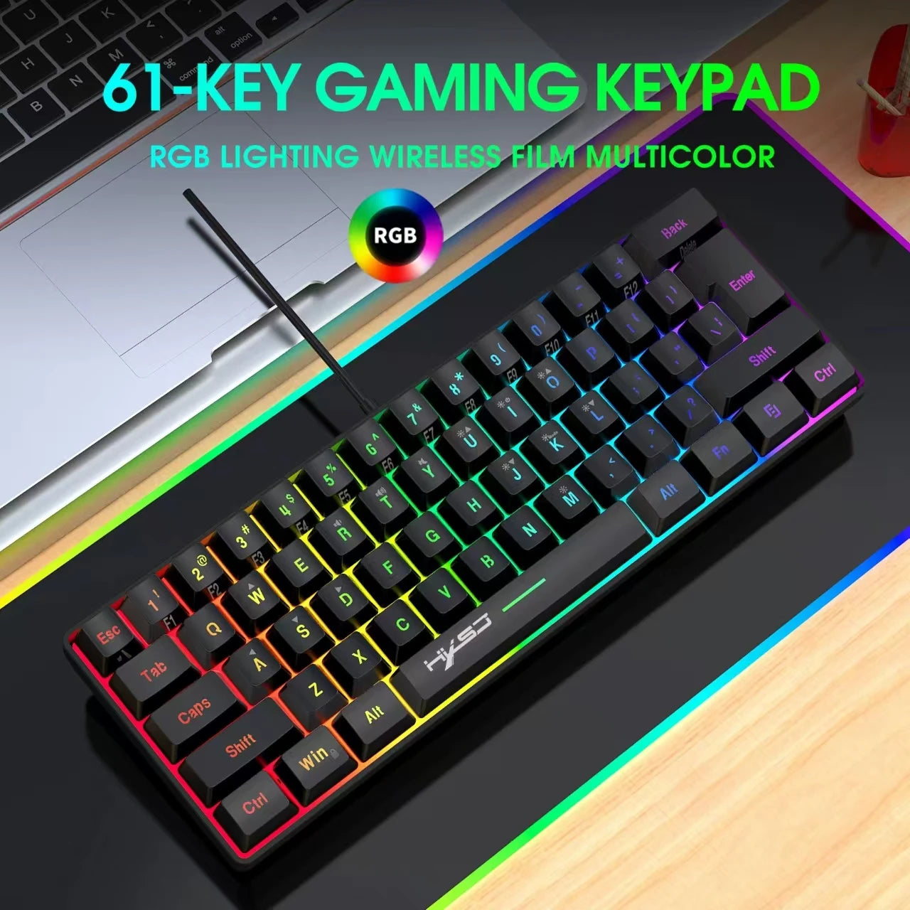 60% Wired Gaming Keyboard, RGB Backlight Ultra Compact Mini Keyboard, Waterproof Small Compact 61 Key Keyboard for Pc/Mac Gamers