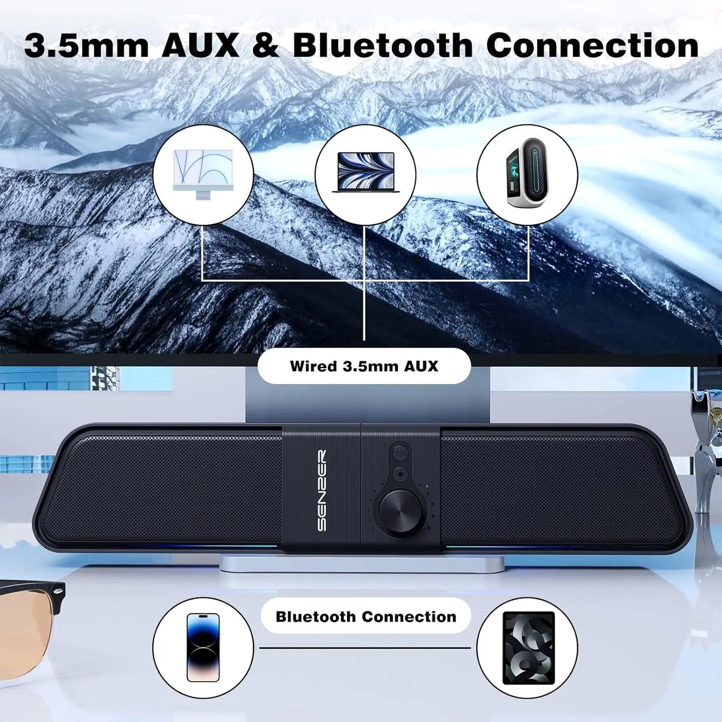 Computer Speakers-Gaming Speaker with Stereo Sound,Pc Sound Bar for Laptop Desktop Monitor (Bluetooth & 3.5Mm Aux)