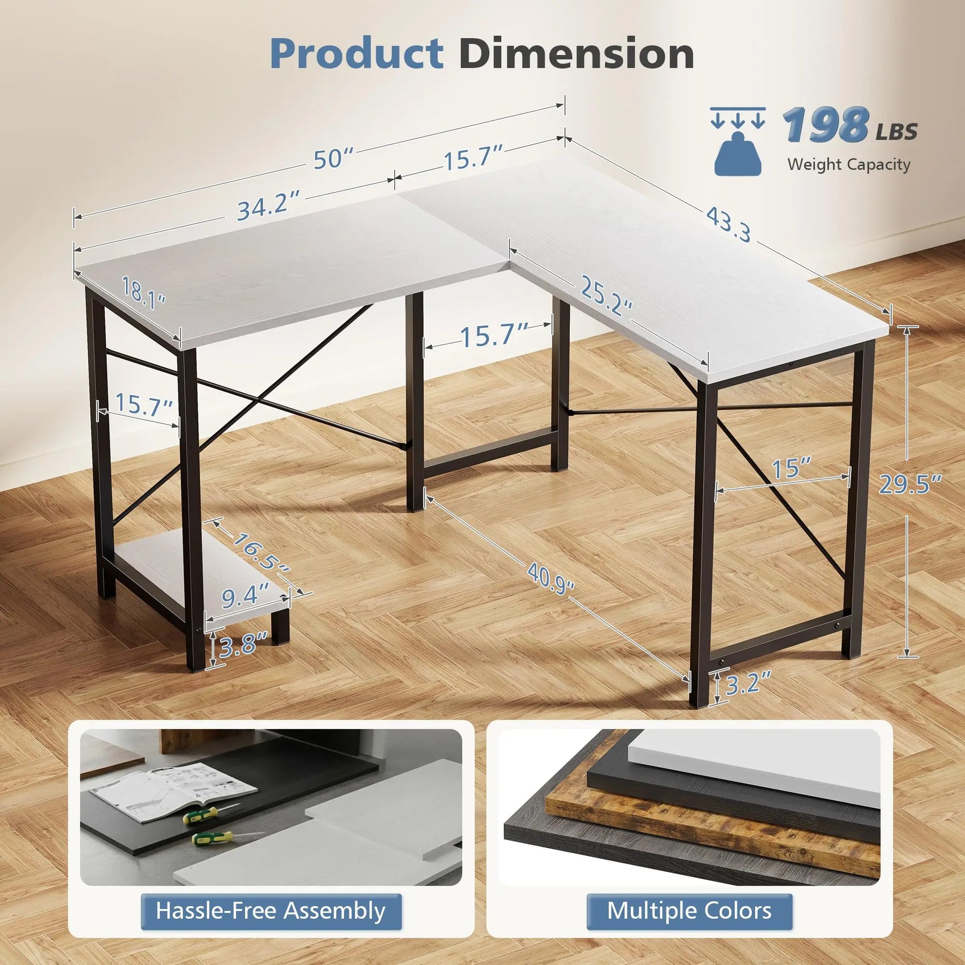 50 Inch L Shaped Desk Computer Gaming Desks Corner Office Table with CPU Shelf for Home Study Writing Work Station for Office