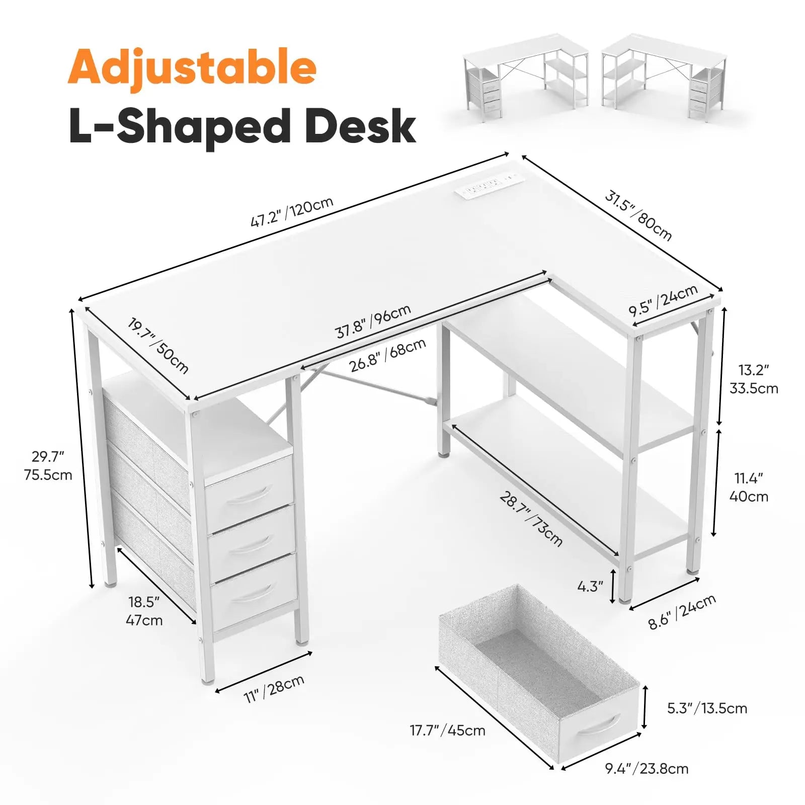 L Shaped Desk with Shelf Drawers 55 Inch Corner Computer Desks Gaming with Power Outlet Adjustable Shelves Home Office Table