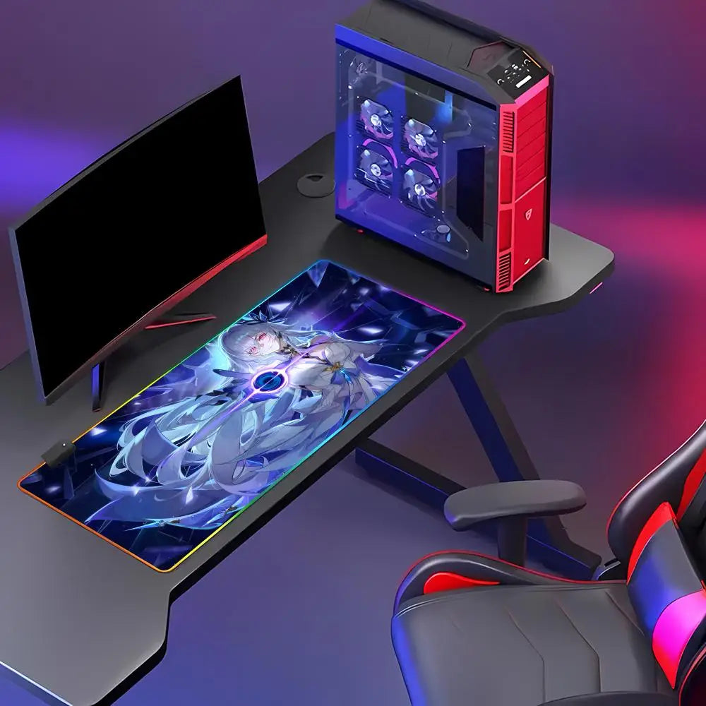 Genshin Skirk Mouse Pad Animation Games Beautiful RGB Gaming Mouse Pad HD Gamer Large LED Light PC Computer Pad Non-Slip Decor
