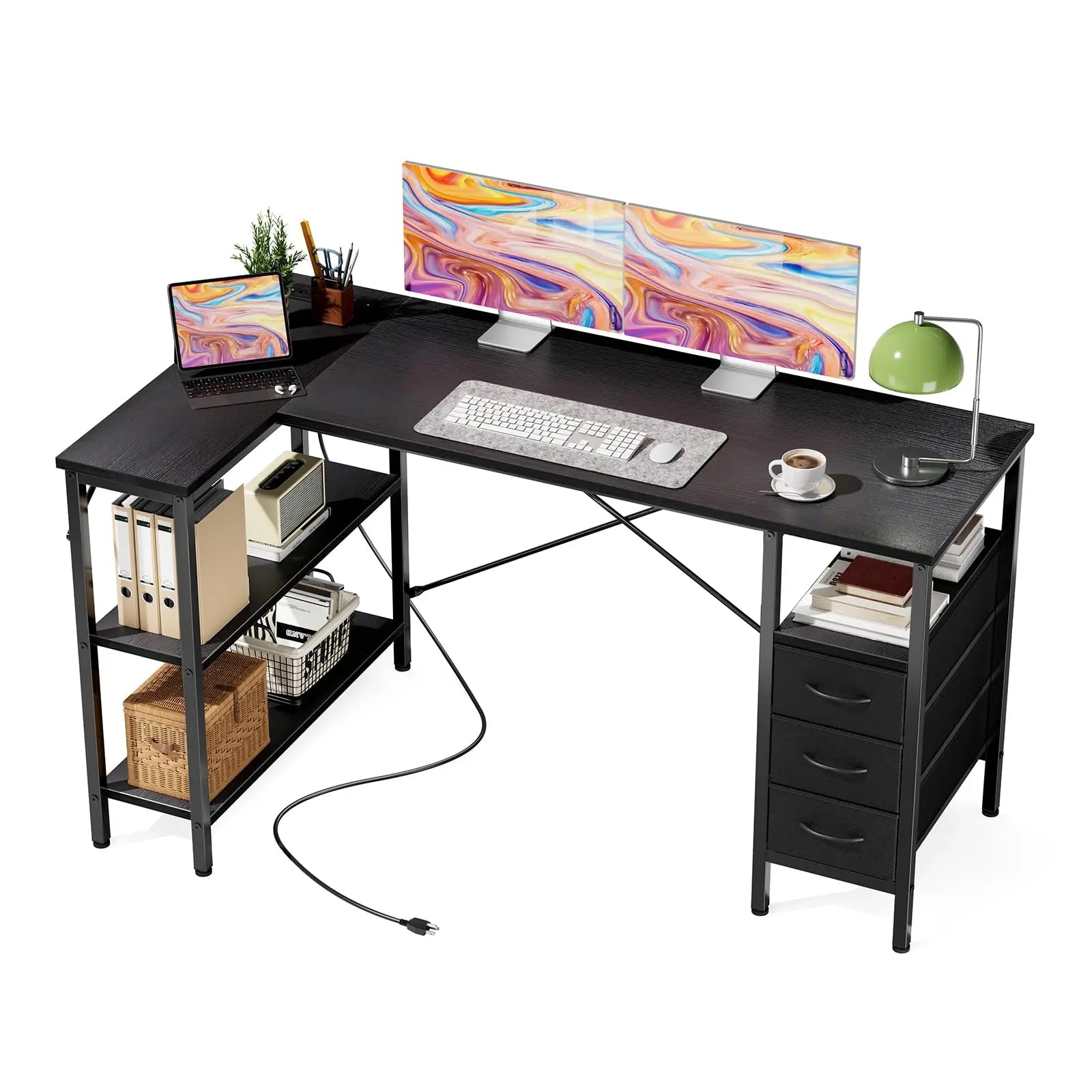 L Shaped Desk with Shelf Drawers 55 Inch Corner Computer Desks Gaming with Power Outlet Adjustable Shelves Home Office Table