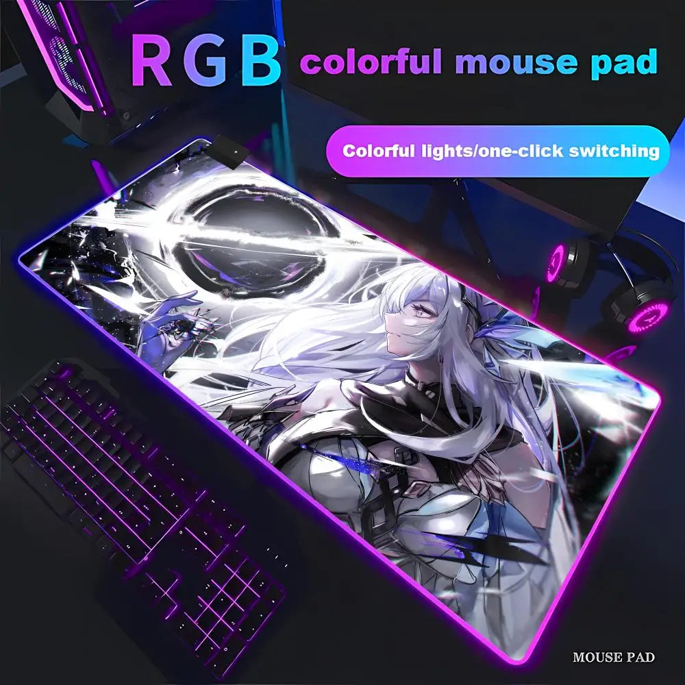 Genshin Skirk Mouse Pad Animation Games Beautiful RGB Gaming Mouse Pad HD Gamer Large LED Light PC Computer Pad Non-Slip Decor