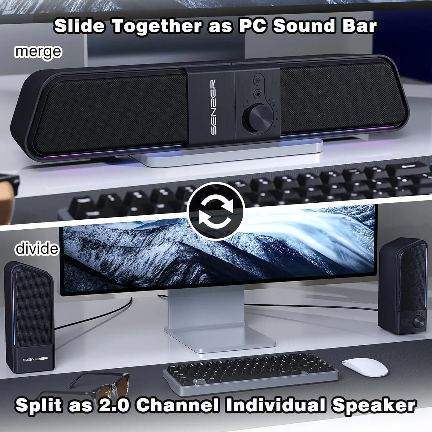 Computer Speakers-Gaming Speaker with Stereo Sound,Pc Sound Bar for Laptop Desktop Monitor (Bluetooth & 3.5Mm Aux)