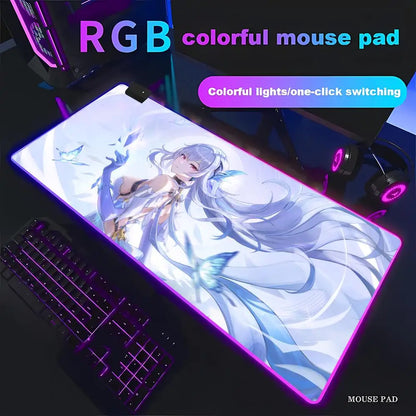 Genshin Skirk Mouse Pad Animation Games Beautiful RGB Gaming Mouse Pad HD Gamer Large LED Light PC Computer Pad Non-Slip Decor