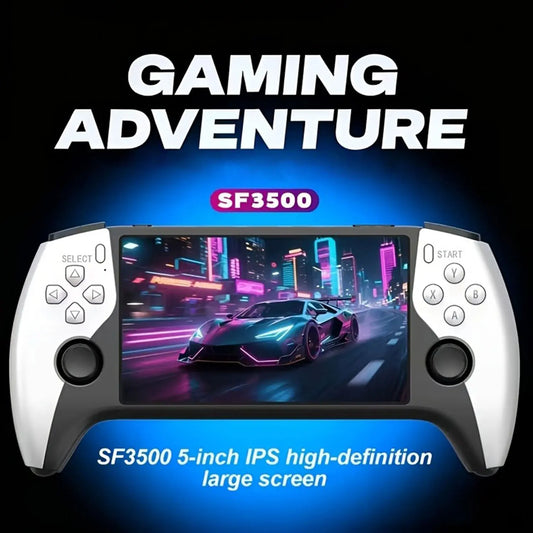 SF3500 Handheld Retro Gaming Console Features a 5-Inch IPS HD Screen, Supports USB Charging, and Has a Built-In Lithium Battery. It'S a Portable Gaming Device with an Ergonomic Design and a Stand for Easy Placement. This Handheld Gaming Comp