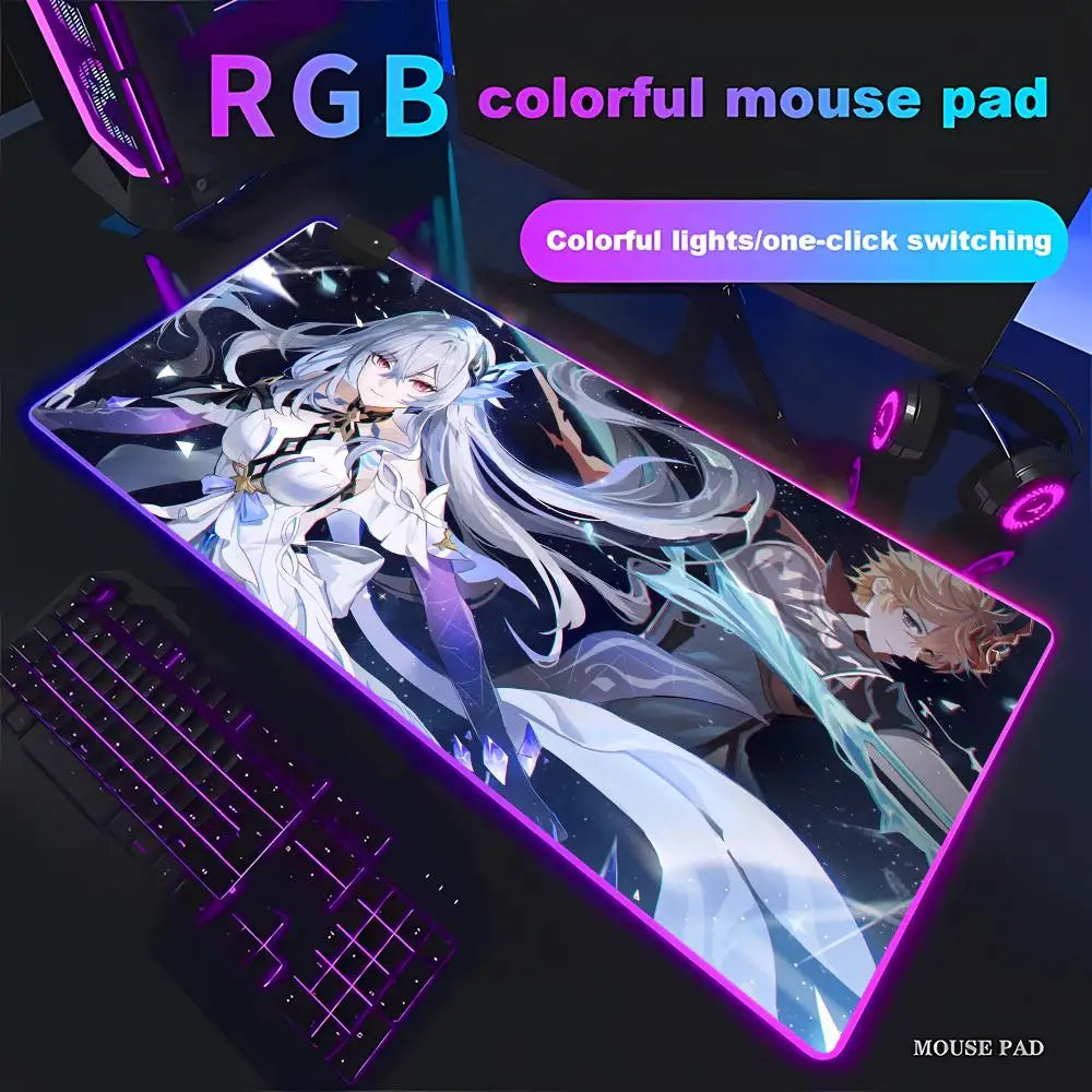 Genshin Skirk Mouse Pad Animation Games Beautiful RGB Gaming Mouse Pad HD Gamer Large LED Light PC Computer Pad Non-Slip Decor