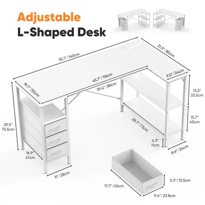 L Shaped Desk with Shelf Drawers 55 Inch Corner Computer Desks Gaming with Power Outlet Adjustable Shelves Home Office Table