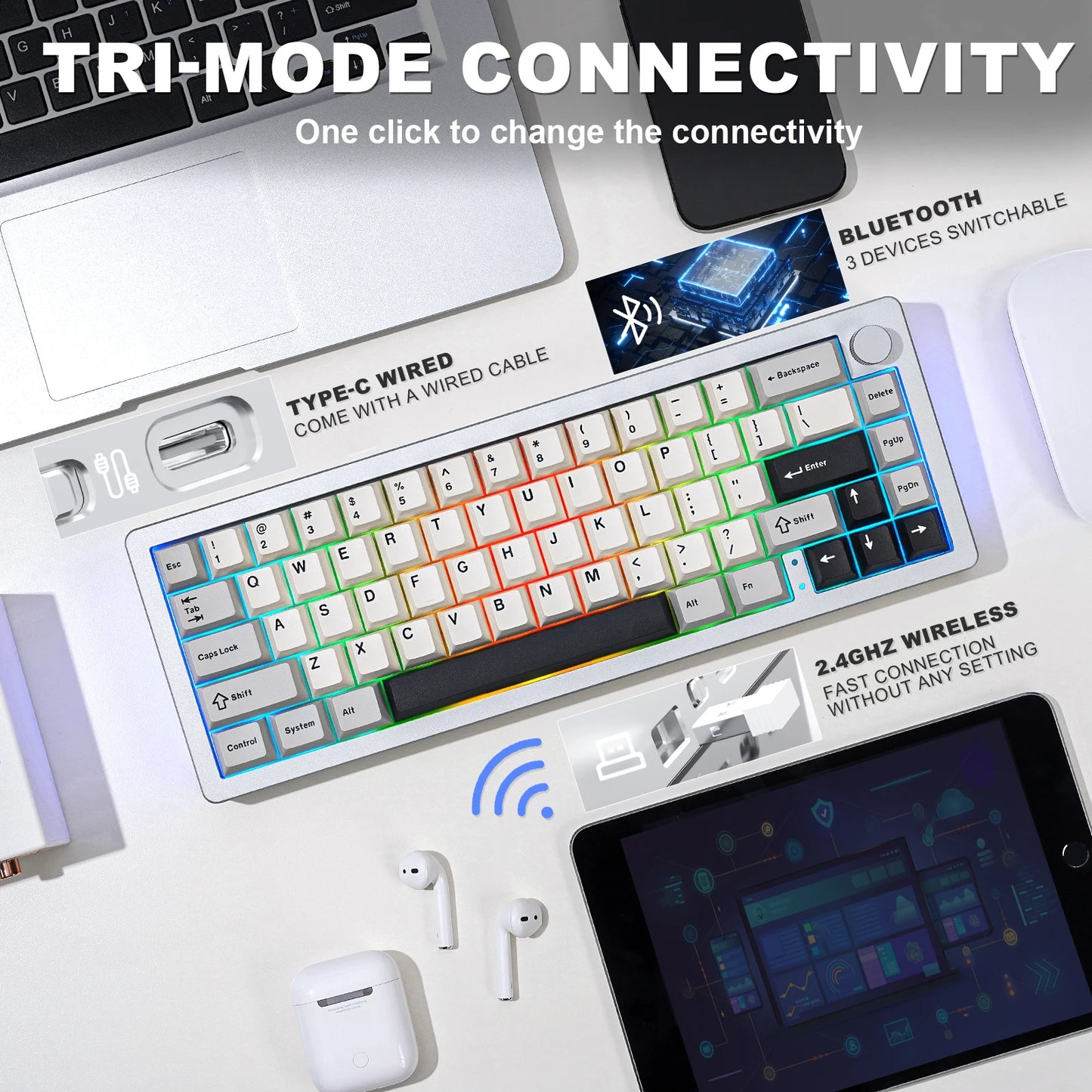 AL66 Wireless Mechanical Keyboard, CNC Aluminum 65% Knob Keyboards, Hot Swappable Pre-Lubed Switch, Customrgb for Win/Mac