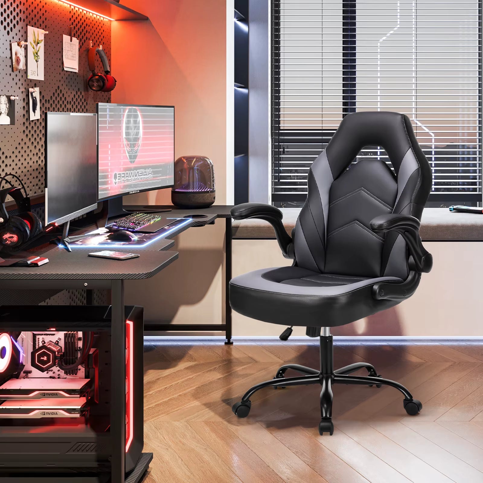Ergonomic Office Computer Home Gaming Desk Chair Adjustable PU Leather Racing Chair Flip-Up Armrest for Christmas Furniture