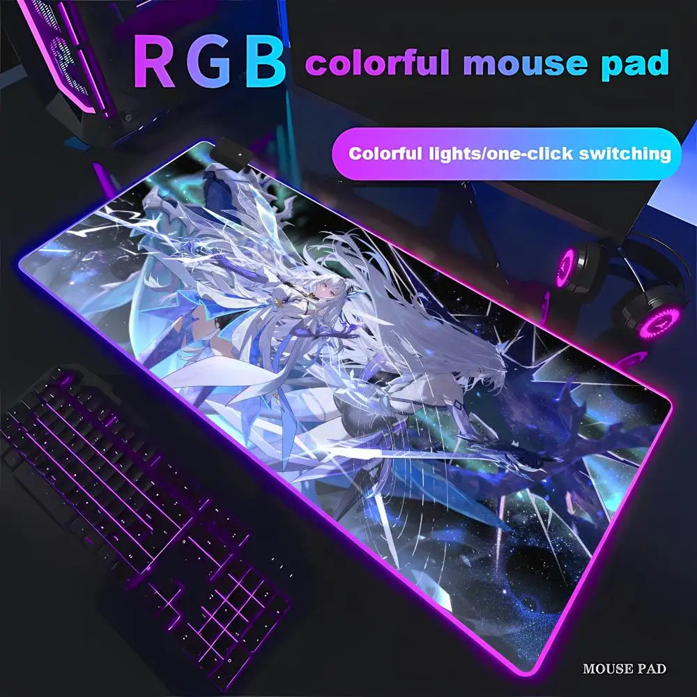 Genshin Skirk Mouse Pad Animation Games Beautiful RGB Gaming Mouse Pad HD Gamer Large LED Light PC Computer Pad Non-Slip Decor