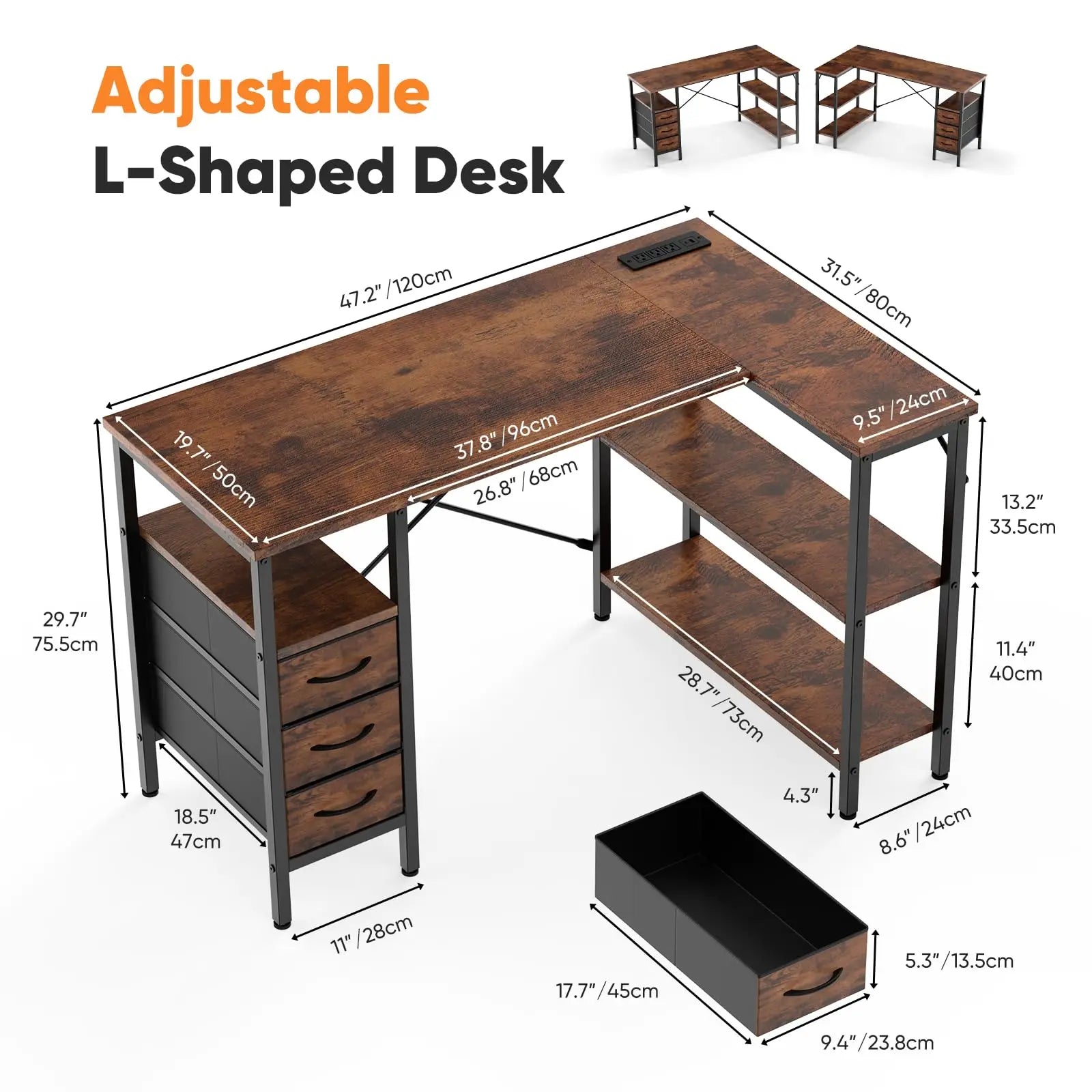 L Shaped Desk with Shelf Drawers 55 Inch Corner Computer Desks Gaming with Power Outlet Adjustable Shelves Home Office Table