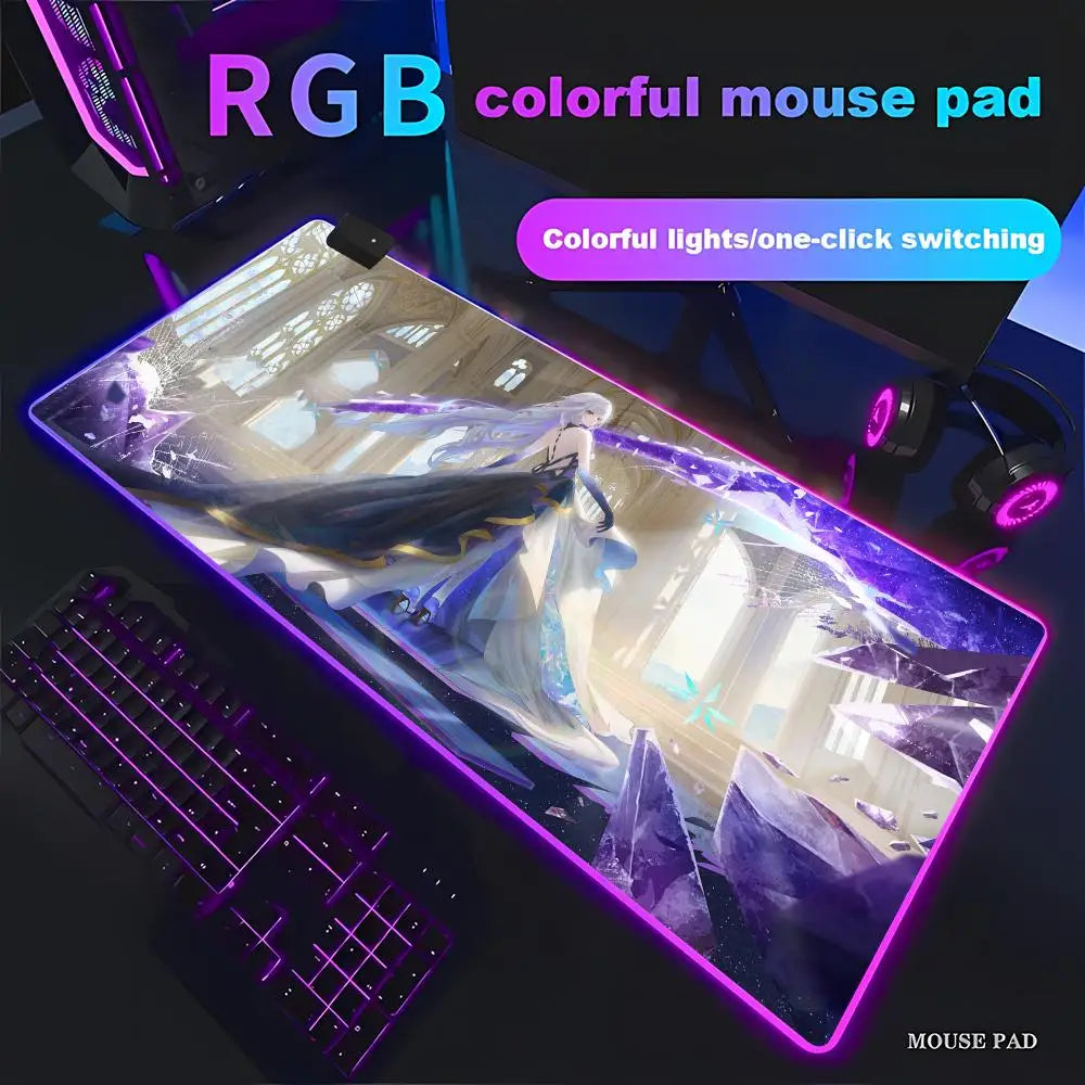 Genshin Skirk Mouse Pad Animation Games Beautiful RGB Gaming Mouse Pad HD Gamer Large LED Light PC Computer Pad Non-Slip Decor