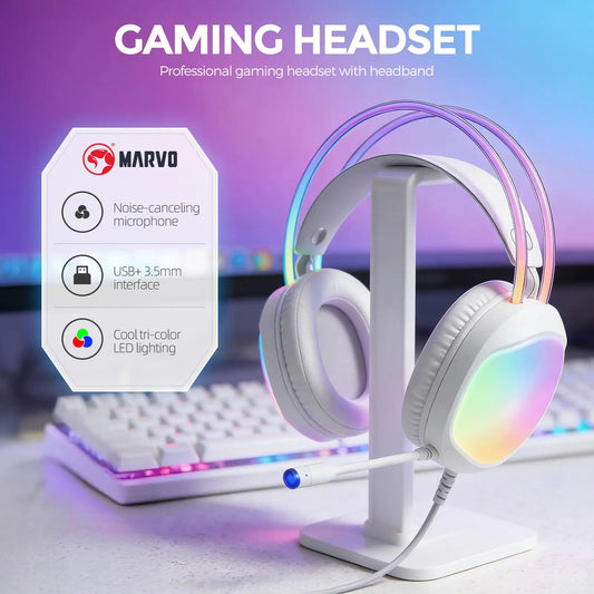 Marvo Over-Ear Wired Headphones, Gaming Accessory with Rgb-Illuminated Cups & Headband, 50Mm Drivers, Dual USB + 3.5Mm Plugs, Dual-Headband PU Cushions, Built-In Omnidirectional Blue-Light Mic, Cup Volume Control, Ideal for Office & Daily Use