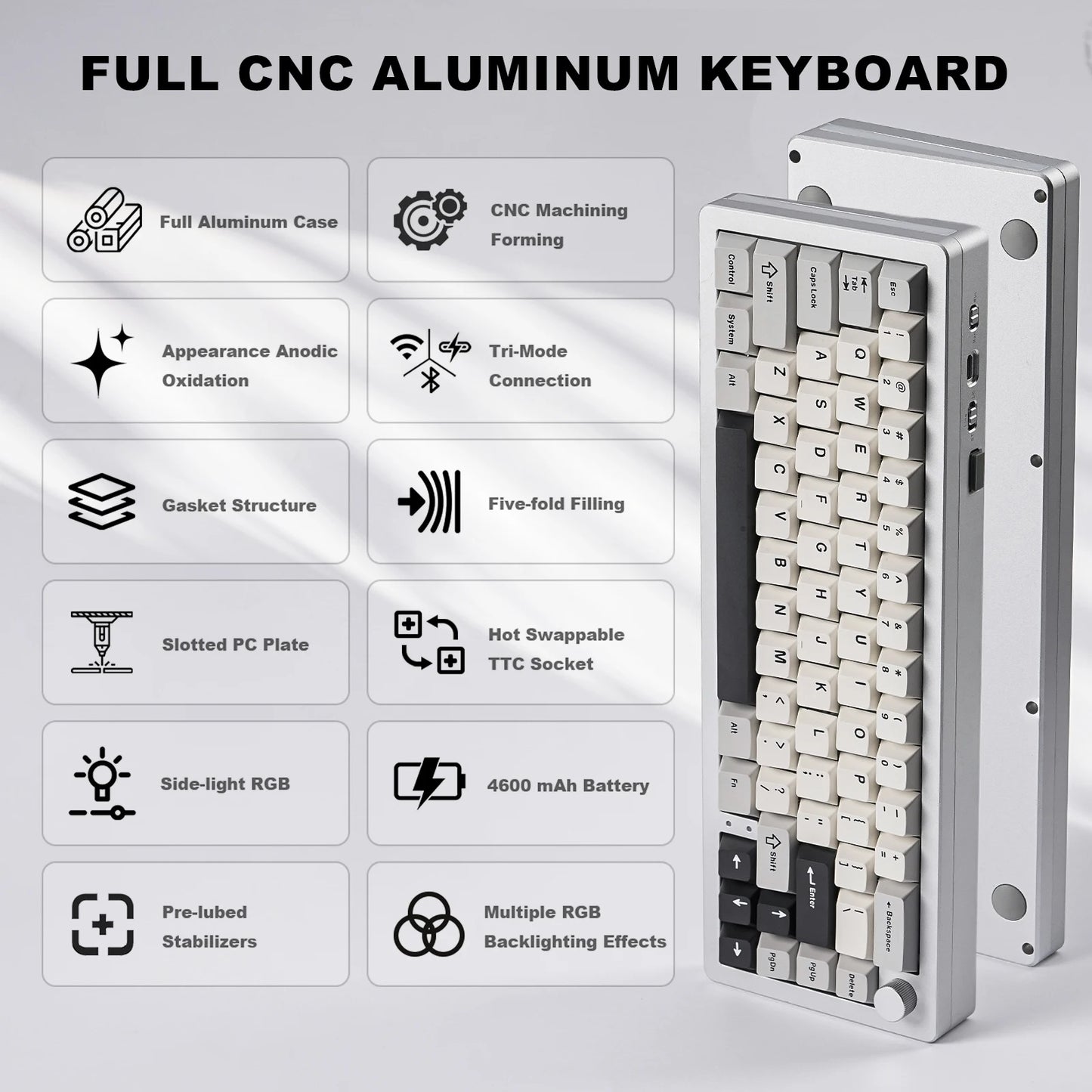 AL66 Wireless Mechanical Keyboard, CNC Aluminum 65% Knob Keyboards, Hot Swappable Pre-Lubed Switch, Customrgb for Win/Mac