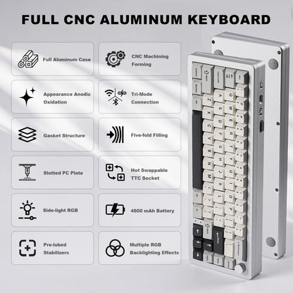 AL66 Wireless Mechanical Keyboard, CNC Aluminum 65% Knob Keyboards, Hot Swappable Pre-Lubed Switch, Customrgb for Win/Mac