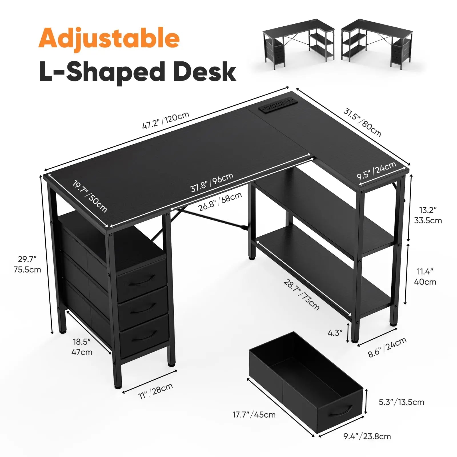 L Shaped Desk with Shelf Drawers 55 Inch Corner Computer Desks Gaming with Power Outlet Adjustable Shelves Home Office Table