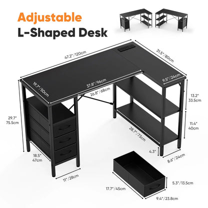 L Shaped Desk with Shelf Drawers 55 Inch Corner Computer Desks Gaming with Power Outlet Adjustable Shelves Home Office Table