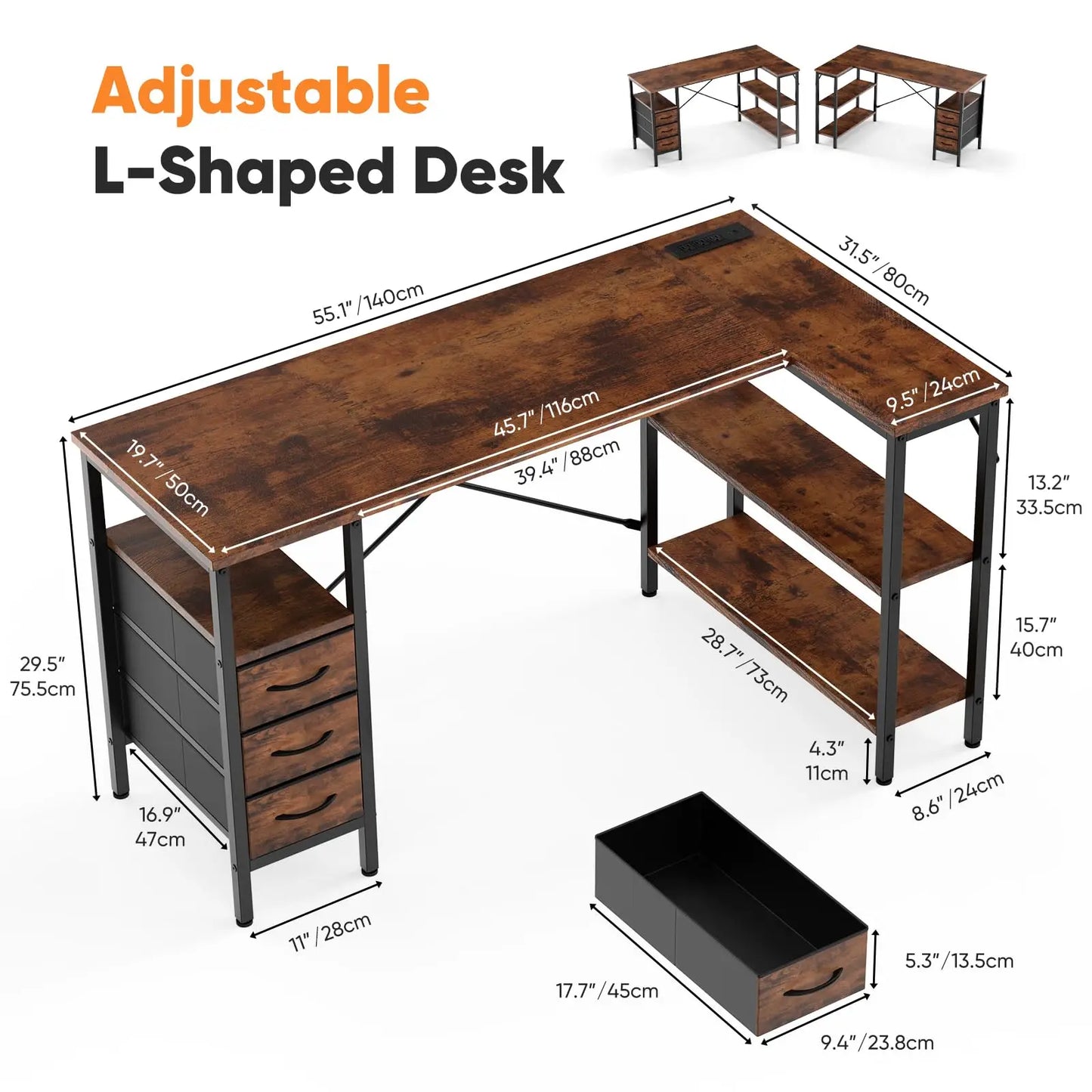 L Shaped Desk with Shelf Drawers 55 Inch Corner Computer Desks Gaming with Power Outlet Adjustable Shelves Home Office Table