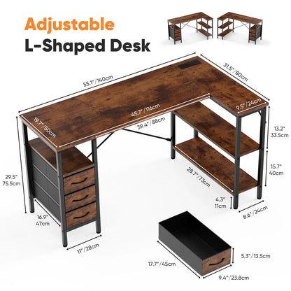 L Shaped Desk with Shelf Drawers 55 Inch Corner Computer Desks Gaming with Power Outlet Adjustable Shelves Home Office Table