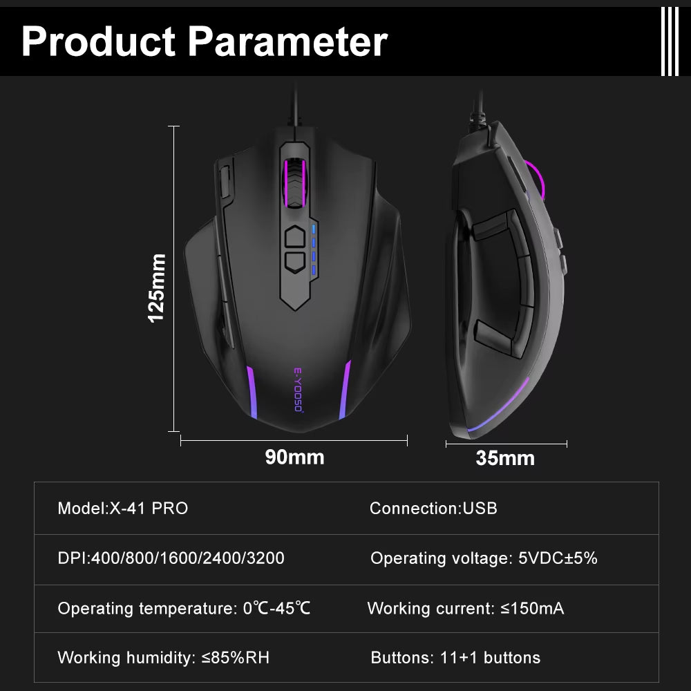 X-41 USB Wired RGB Gaming Mouse 24000 DPI SG8960 10 Buttons Programmable Game Optical Mice for Computer PC Laptop